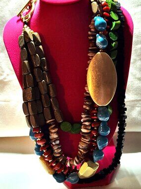 Wooden necklace five strand multi color NEW